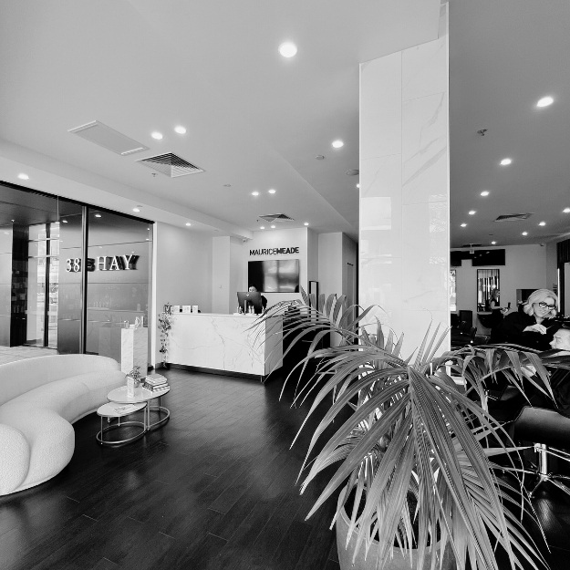 Modern salon interior with clean lines and stylish furnishings.